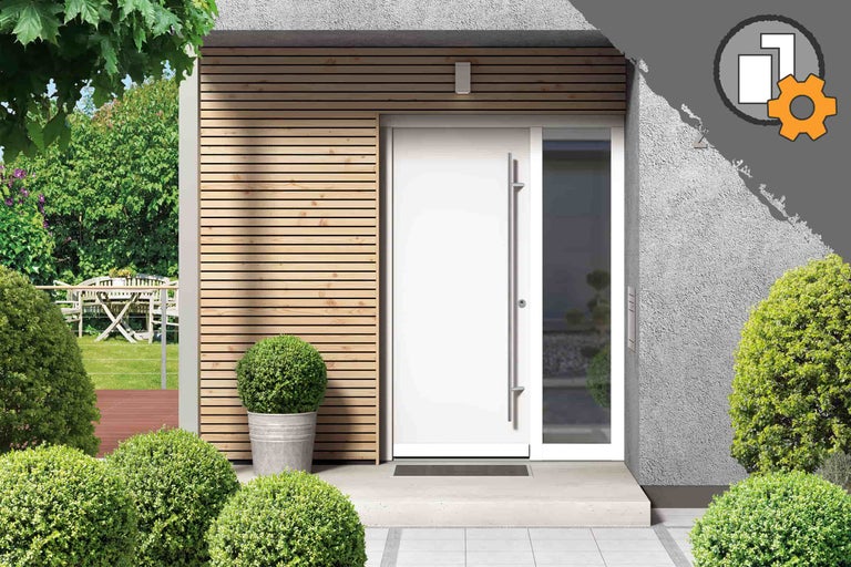 Porte d'entrée moderne avec partie latérale et bardage en bois sur la façade