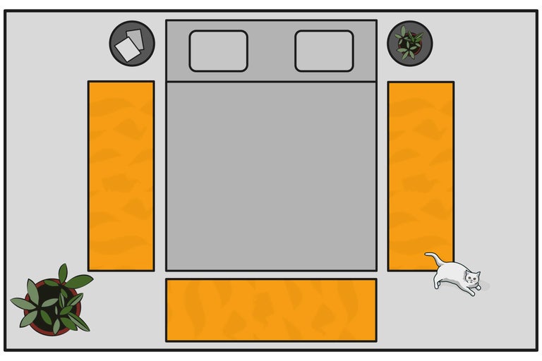 Draufsicht eines Schlafzimmers mit Bett, Teppichen, Nachttischen und Zimmerpflanzen