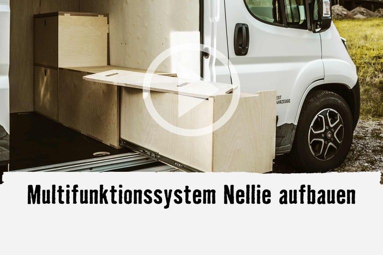 Multifunktionssystem Nellie im Ausbauwagen mit Schubladen und Stauraum