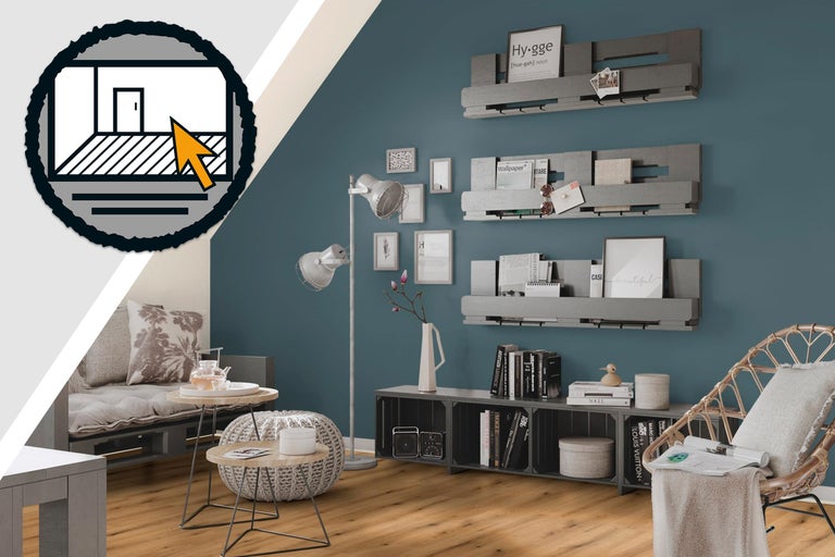 Salon avec étagères, meubles et objets de décoration pour une maison élégante. Symbole de planificateur d'espace inclus.