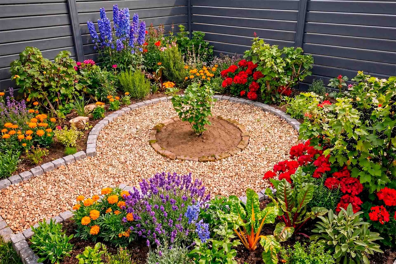 Jardin organisé avec chemin circulaire en gravier, bordures en pierre et plantations variées devant une clôture à lattes gris foncé.