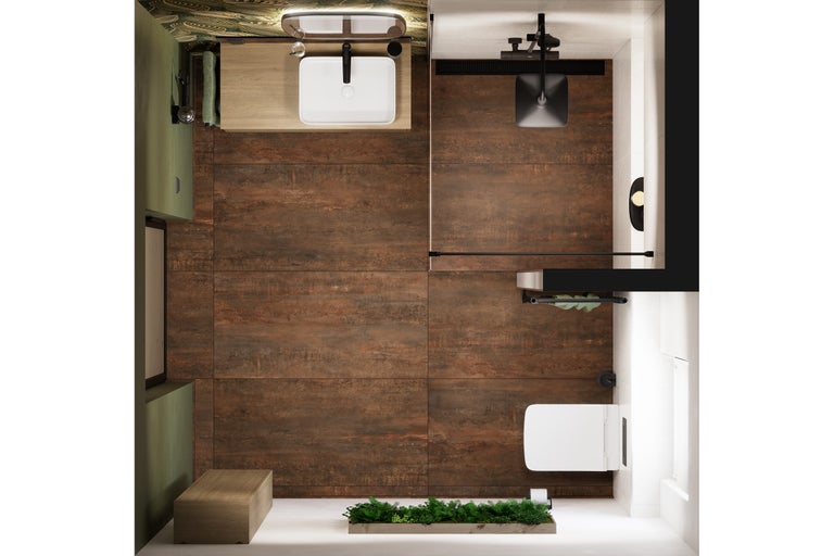 Vue de dessus d'une salle de bains moderne avec carrelage aspect rouille, lavabo sur meuble en bois, douche et WC suspendu.