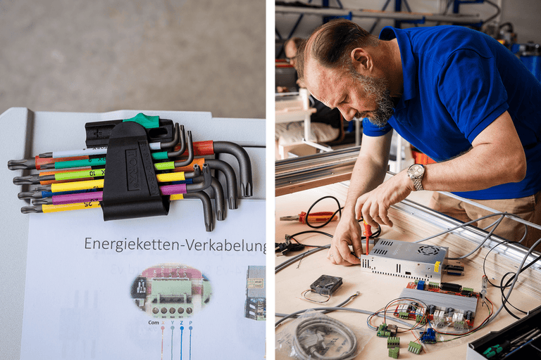 Ein Satz Torx Schraubendreher mit farbcodierten Griffen und ein Mann, der an einem elektronischen Gerät mit einem Schraubendreher arbeitet.