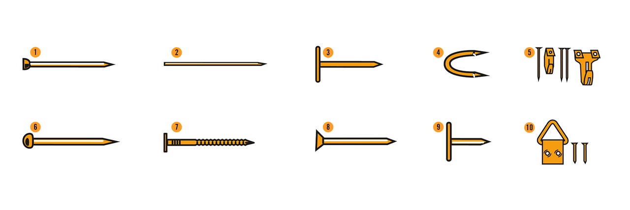 Illustration de différents types de clous&nbsp;: clou à goupille, clou fil, clou à tête plate, clous à cheval, crochets pour tableaux avec clous, clous décoratifs, clous à vis, clous d’ancrage, clou en T, attaches pour tableaux avec clous