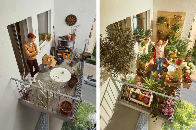 Vue avant-après d'un balcon, transformé d'un espace désordonné en un havre de verdure