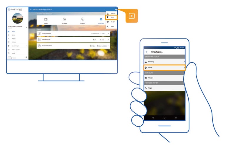 Smart Home App von Hornbach auf einem Computer und Smartphone