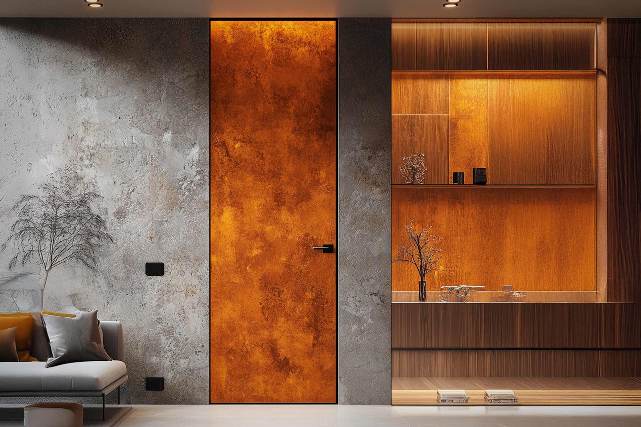 Wohnzimmer mit Couch, Dekoration und Tür