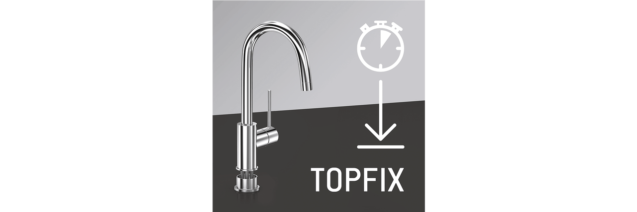 Robinet de cuisine avec symbole TOPFIX pour un montage rapide