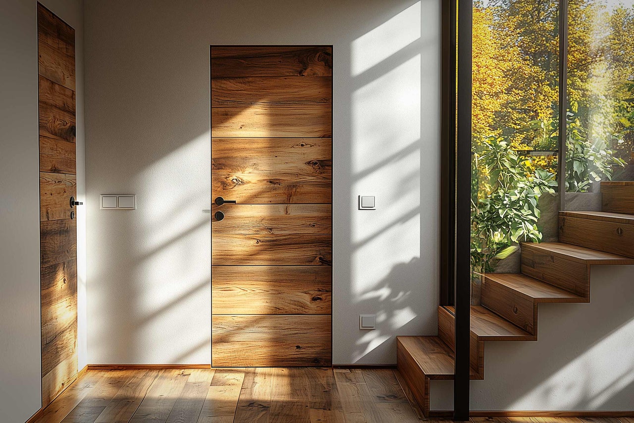 Innenraum mit Holztür, Holztreppe und Fenster mit Blick auf Bäume