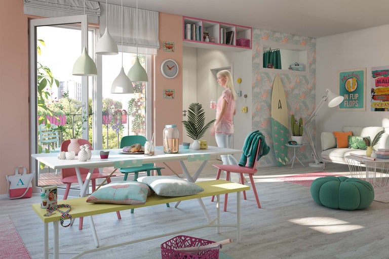 Salon lumineux avec table à manger, banc et coin salon dans un style estival