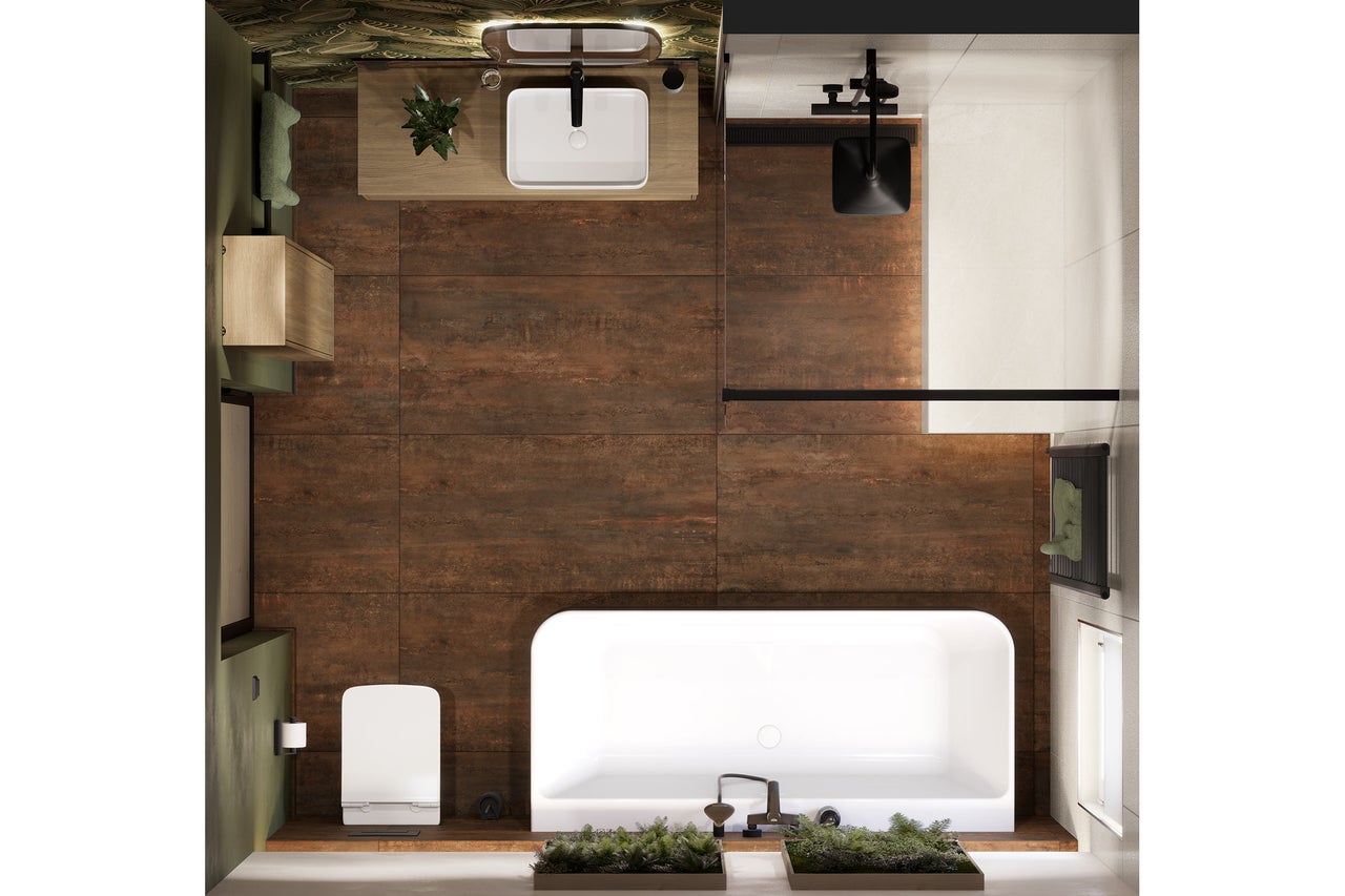 Vue de dessus d'une salle de bains moderne avec carrelage rouille, baignoire en îlot, douche à l'italienne, meuble sous vasque et WC.