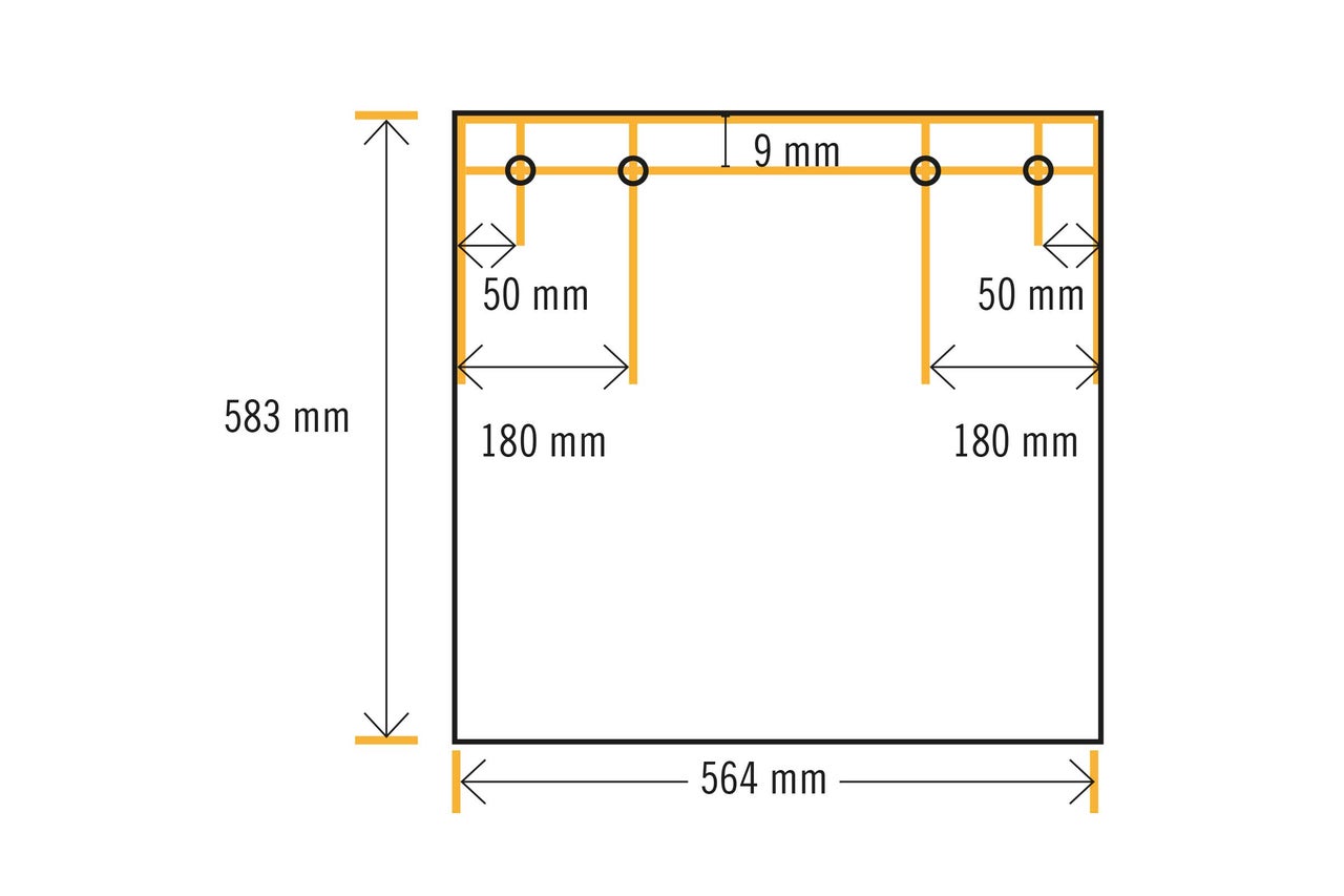 Diagramm mit Maßangaben: Höhe 583 mm, Breite 564 mm, Abstand der Bohrlöcher 50 mm und 180 mm, Dicke 9 mm