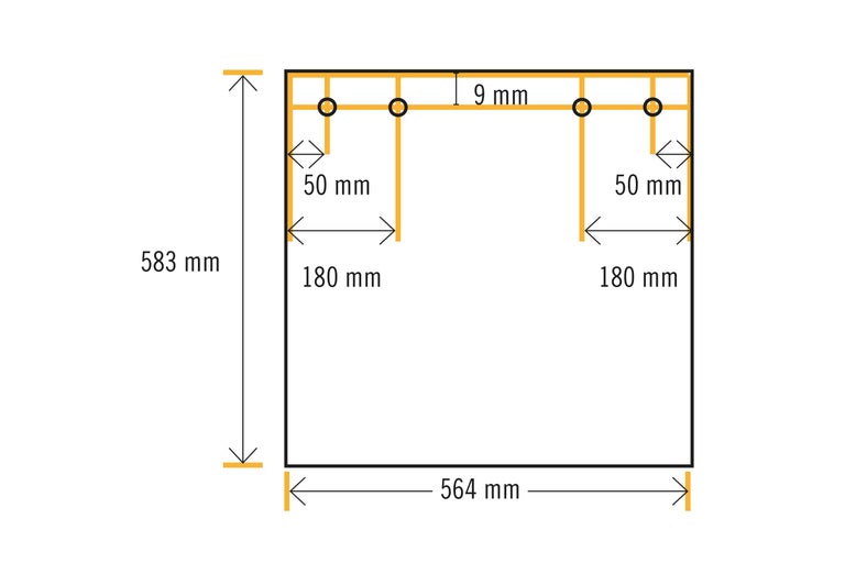 Diagramm mit Maßangaben: Höhe 583 mm, Breite 564 mm, Abstand der Bohrlöcher 50 mm und 180 mm, Dicke 9 mm