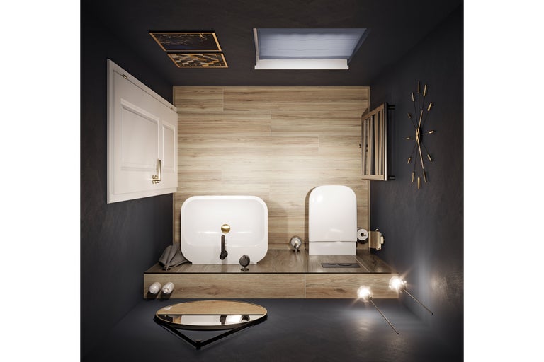 Salle de bain moderne avec toilettes, lavabo, horloge murale et lambris.