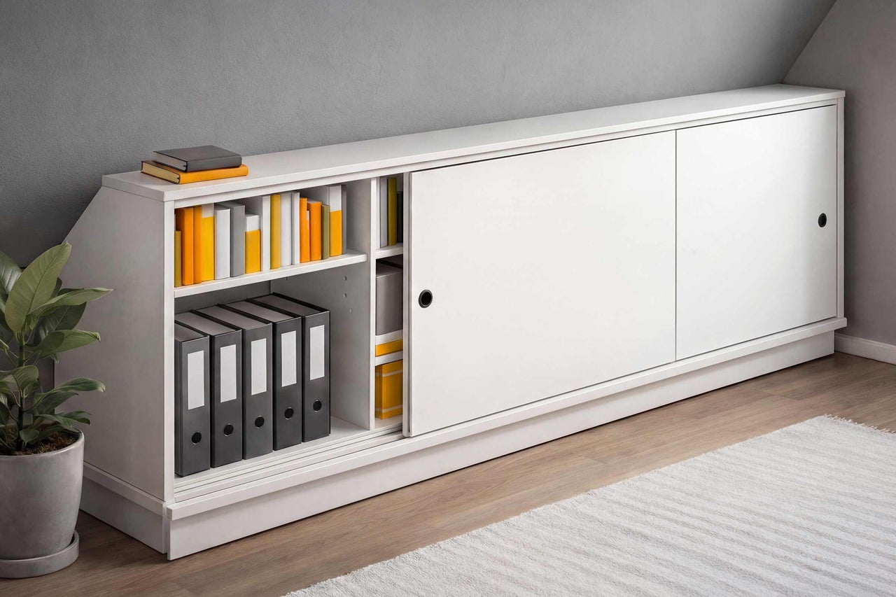 Weißes Sideboard mit Schiebetüren und Regalen zur Aufbewahrung von Büchern und Ordnern