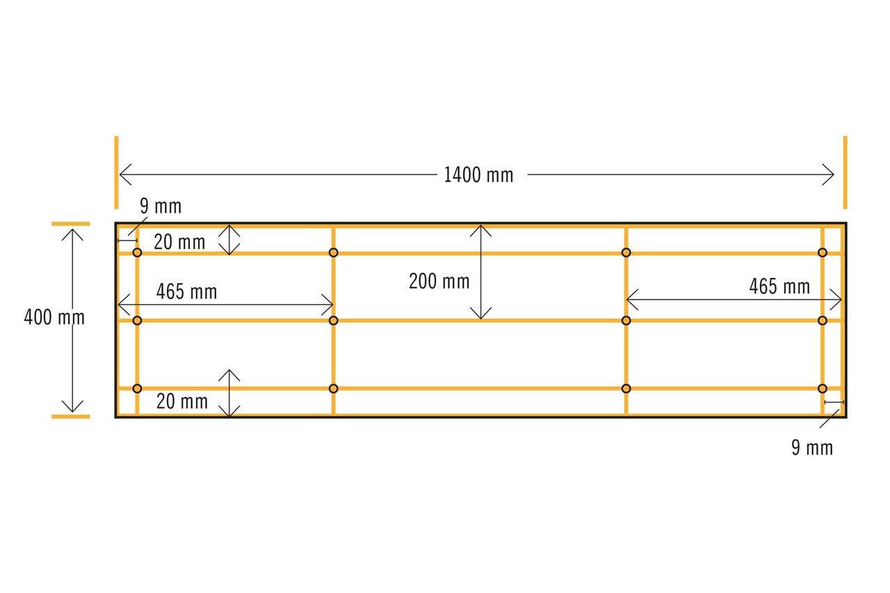 Schéma avec dimensions : longueur 1 400 mm, hauteur 400 mm, autres dimensions incluses