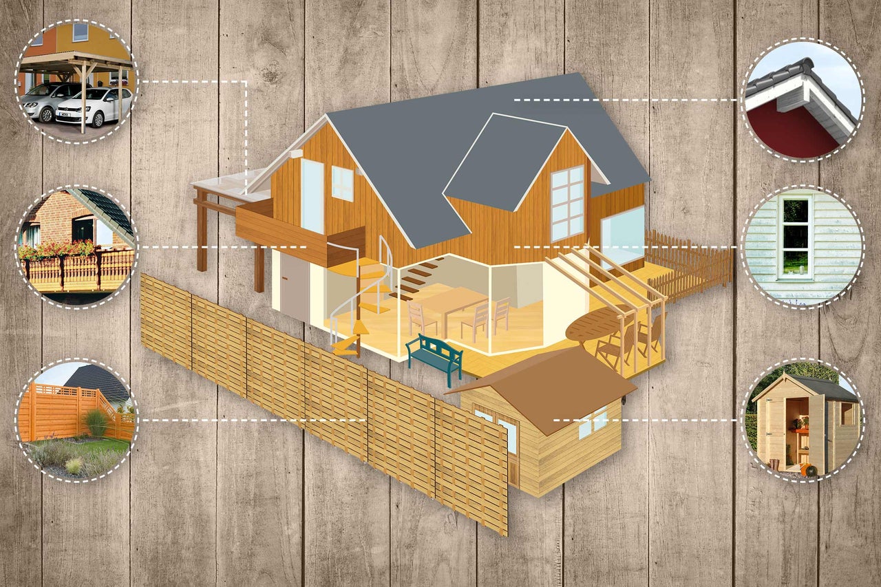 Illustration eines Hauses mit Gartenprodukten wie Carport, Zaun, Gartenhaus und Terrasse.