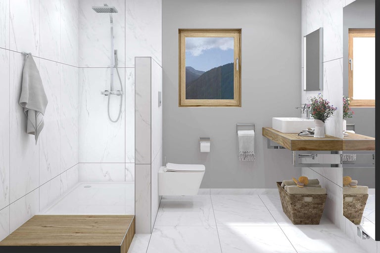 Salle de bain avec douche, toilettes, lavabo et fenêtre