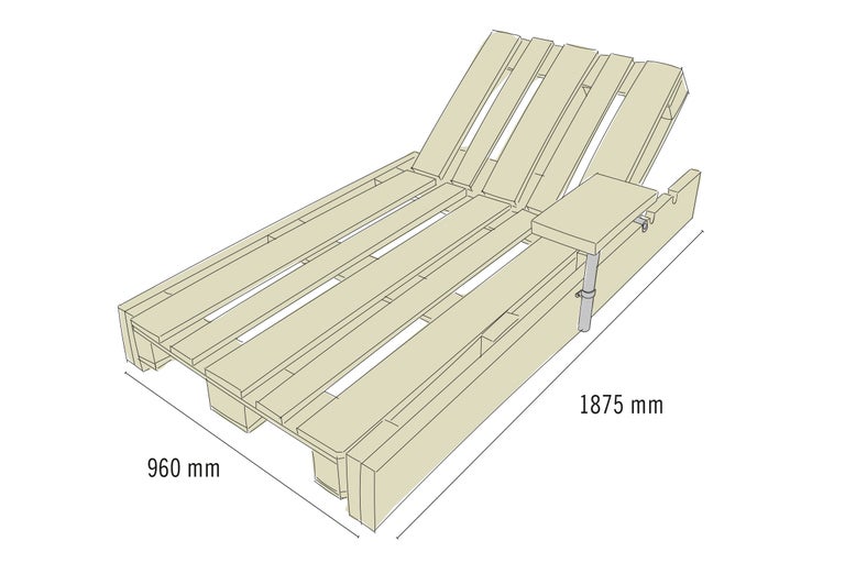 Technische Zeichnung einer Holzpalette als Gartenliege mit den Maßen 1875 mm Länge und 960 mm Breite.