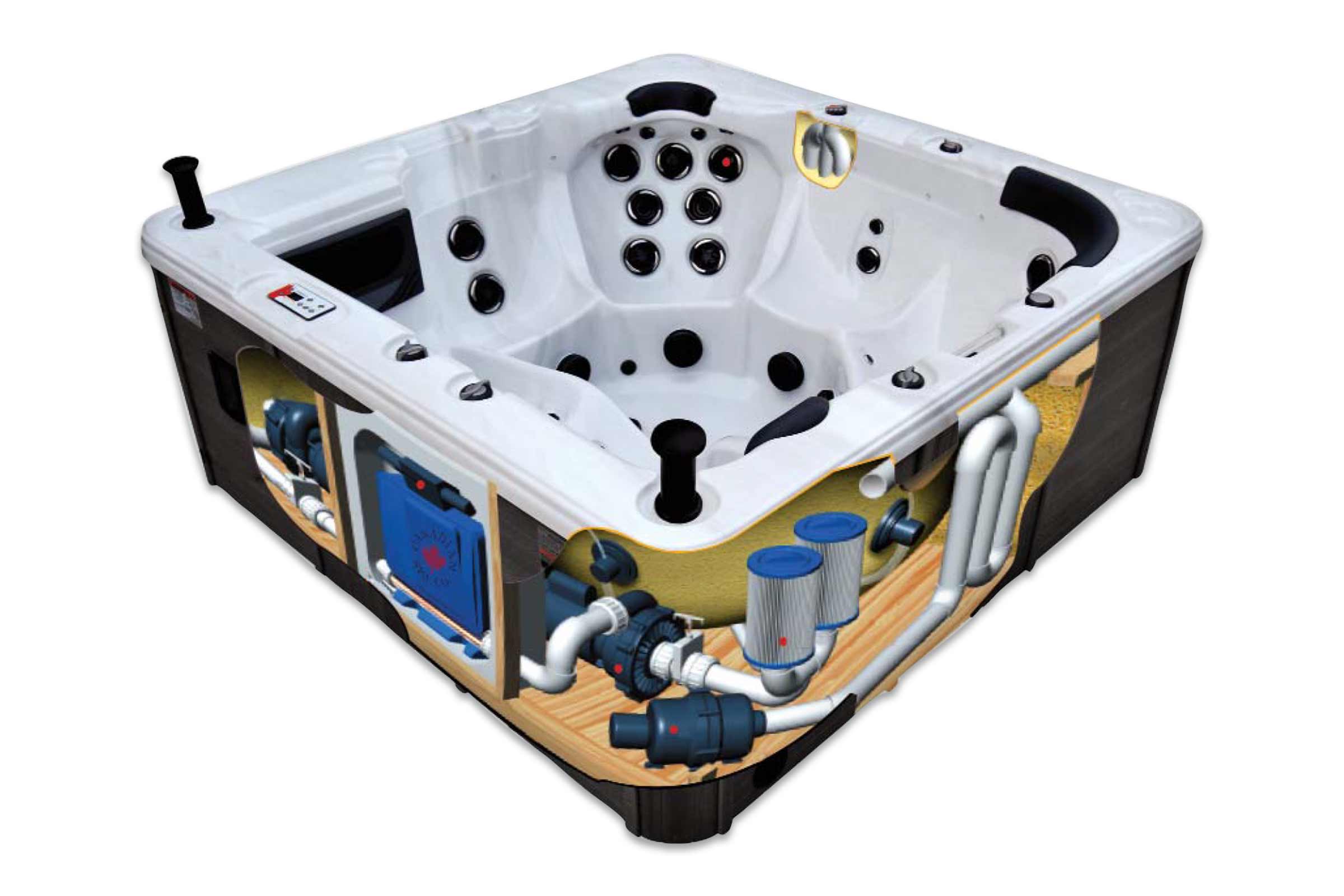 Querschnitt eines Whirlpools mit Details zu Rohren, Filter und Heizung.