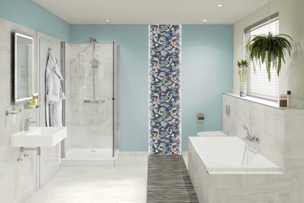 Salle de bain lumineuse avec douche, lavabo, baignoire et décorations
