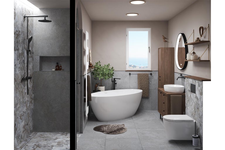 Salle de bains moderne avec douche à l'italienne, baignoire en îlot, meuble en bois, vasque à poser, miroir éclairé et carrelage gris aspect pierre.