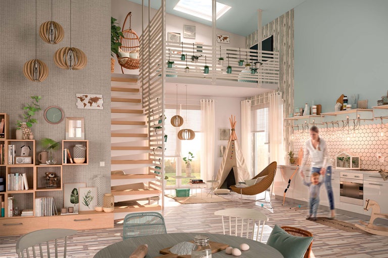 Espace de vie lumineux avec escalier, bibliothèque, aire de jeux pour enfants et détails de cuisine