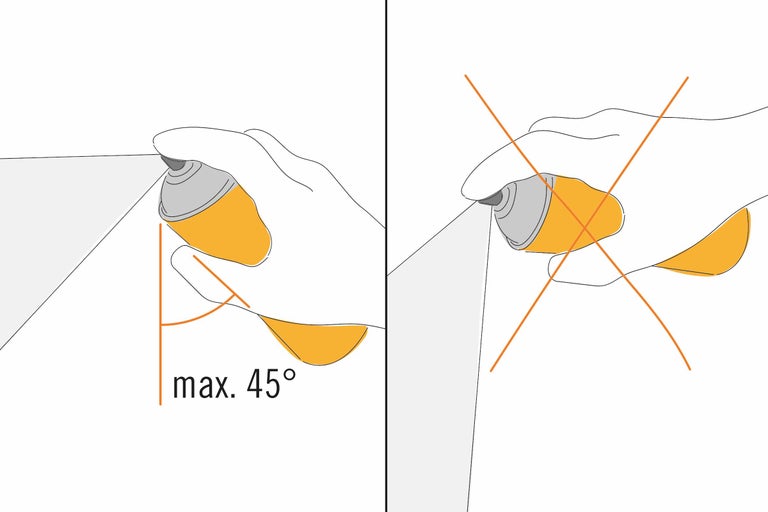 Illustration zur korrekten Verwendung einer Sprühdose: maximal 45 Grad Winkel