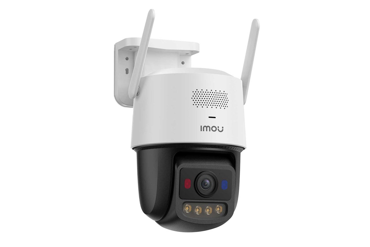 Caméra de surveillance Wi-Fi Imou pour l'extérieur avec fonction panoramique et inclinaison, support mural et deux antennes.