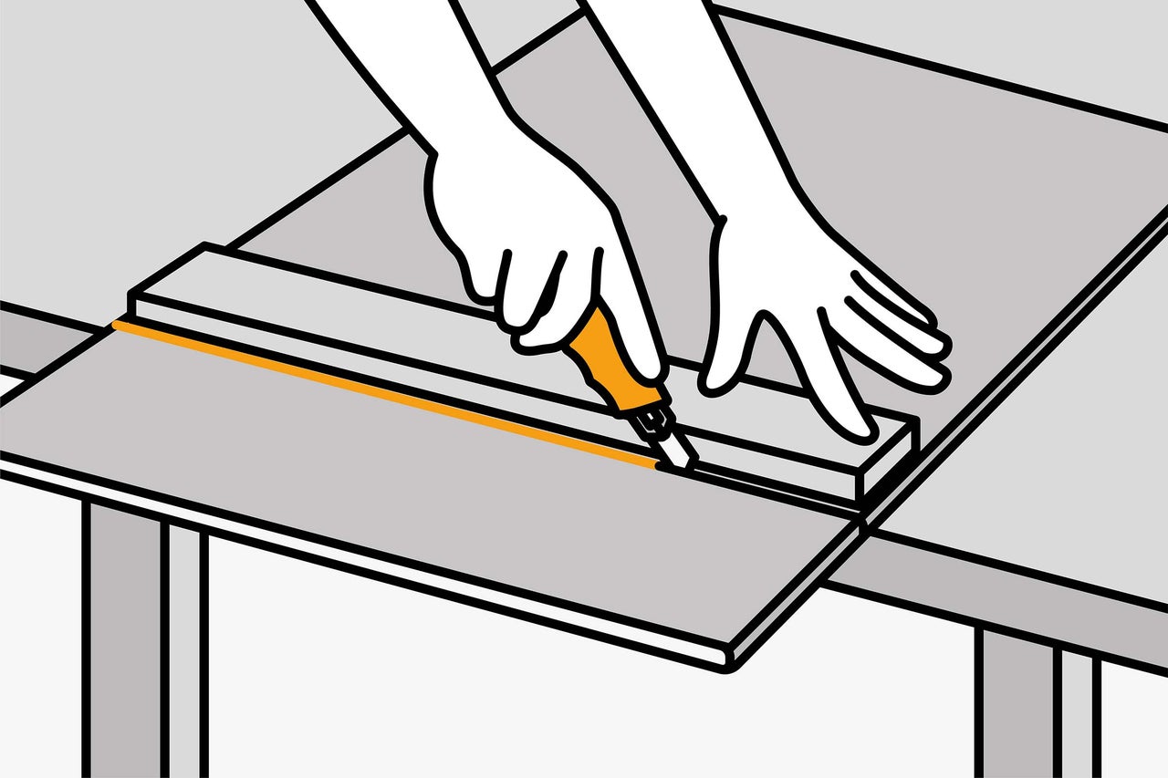 Illustration einer Person, die mit einem Cuttermesser ein Material auf einem Tisch zuschneidet.