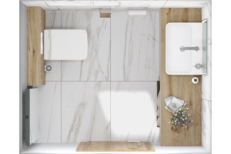 Vue de dessus d'une salle de bains lumineuse avec toilettes, douche, lavabo et miroir