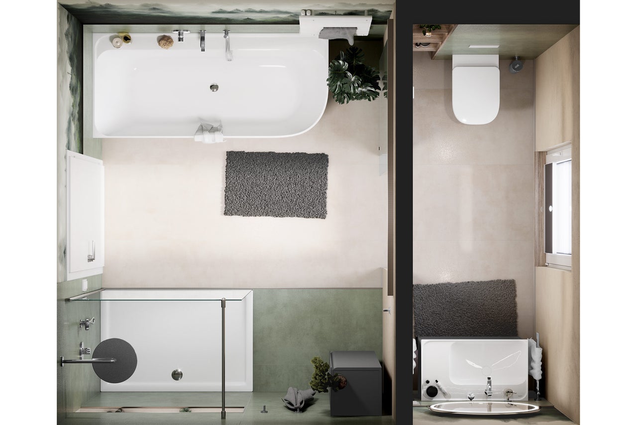 Vue de dessus d'une salle de bains avec baignoire, douche et toilettes