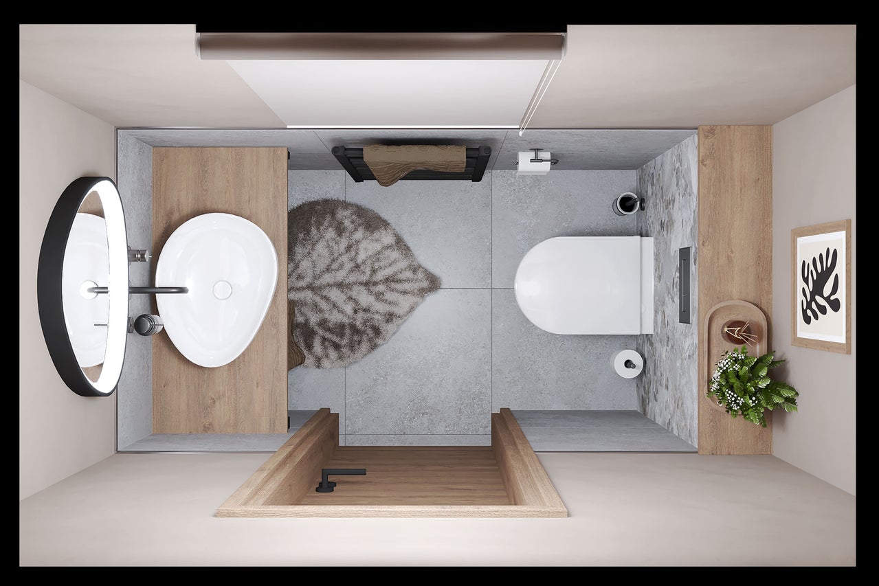 Vue de dessus d'une toilette d'invités moderne avec plan vasque en bois, vasque à poser ovale, toilette suspendue et carrelage aspect pierre.