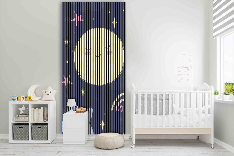 Chambre d'enfant avec lit de bébé, étagère et peinture murale avec motif de lune