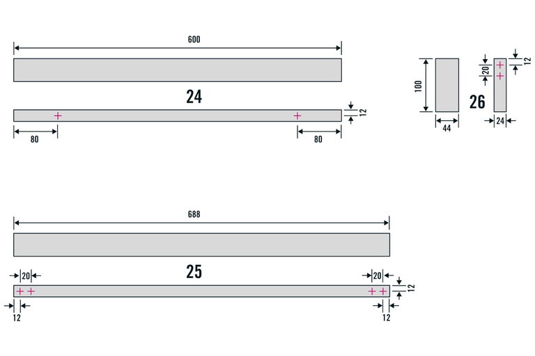 Technische Zeichnung eines Holzprofils mit Maßangaben