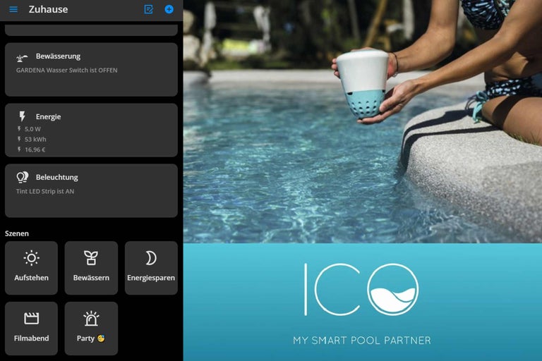 Logo ICO sur un écran de smartphone avec application de surveillance de piscine, à côté d'une piscine