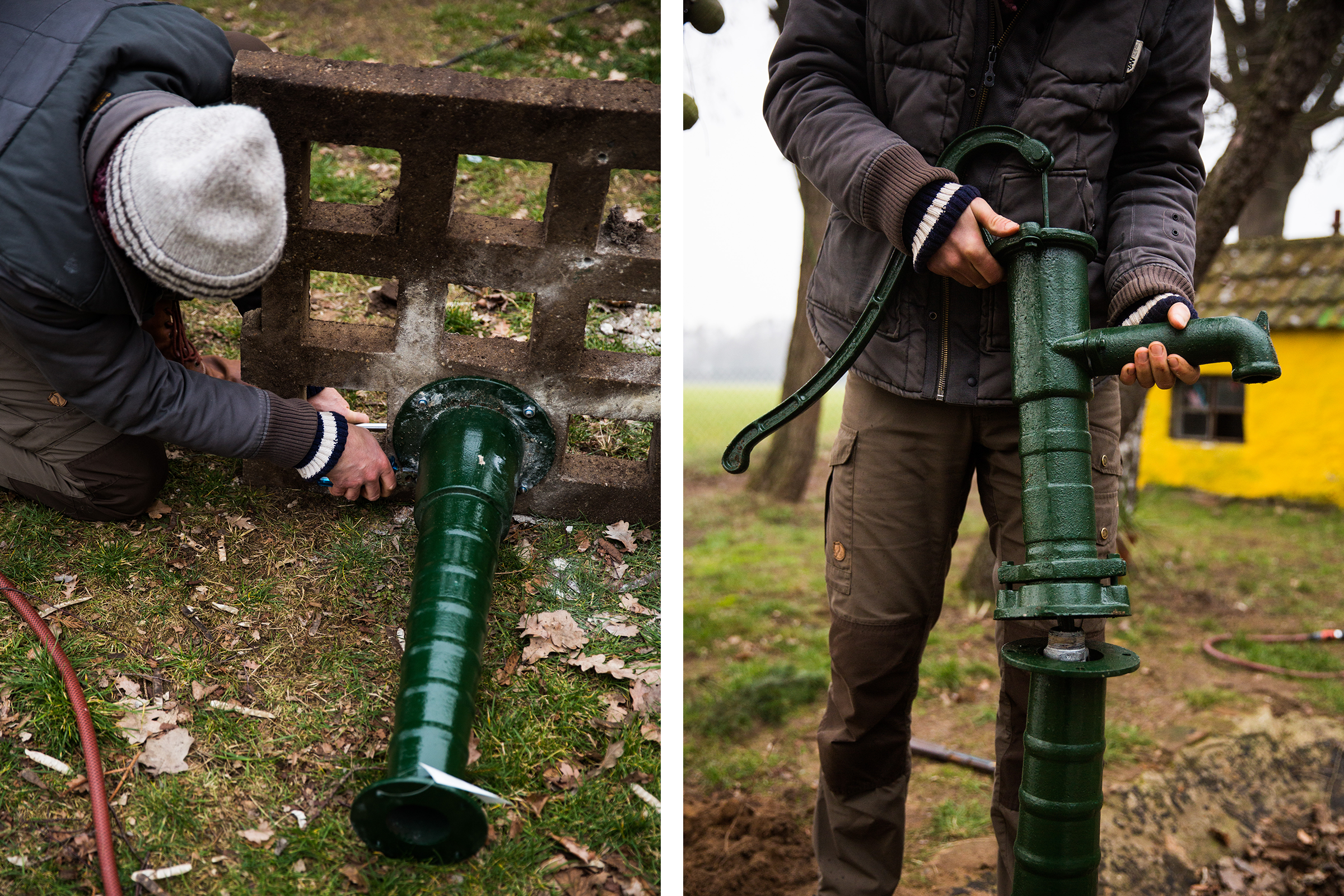Installation d'une pompe à eau manuelle à l'extérieur.