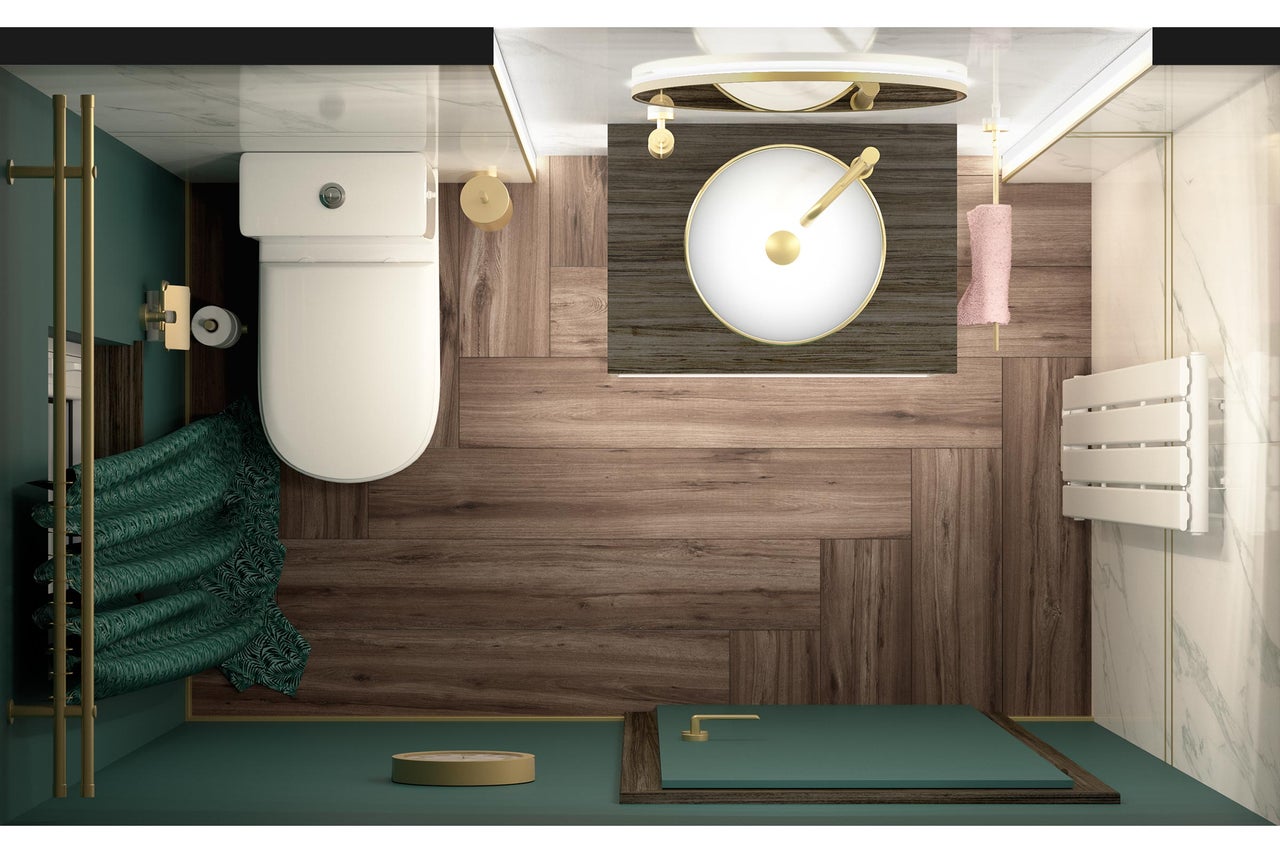 Vue de dessus d une salle de bain moderne avec WC blanc, vasque à poser ronde, robinetterie dorée et carrelage de sol aspect bois.
