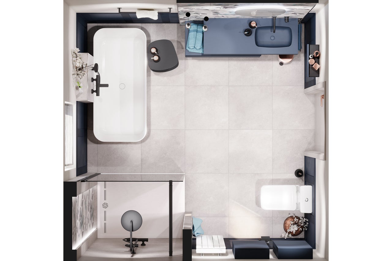 Draufsicht eines Badezimmers mit Badewanne, Waschtisch, Toilette und Dusche