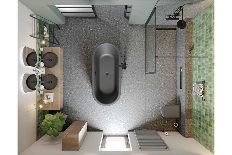 Vogelperspektive eines Badezimmers mit Badewanne, Waschtisch, Dusche und Toilette