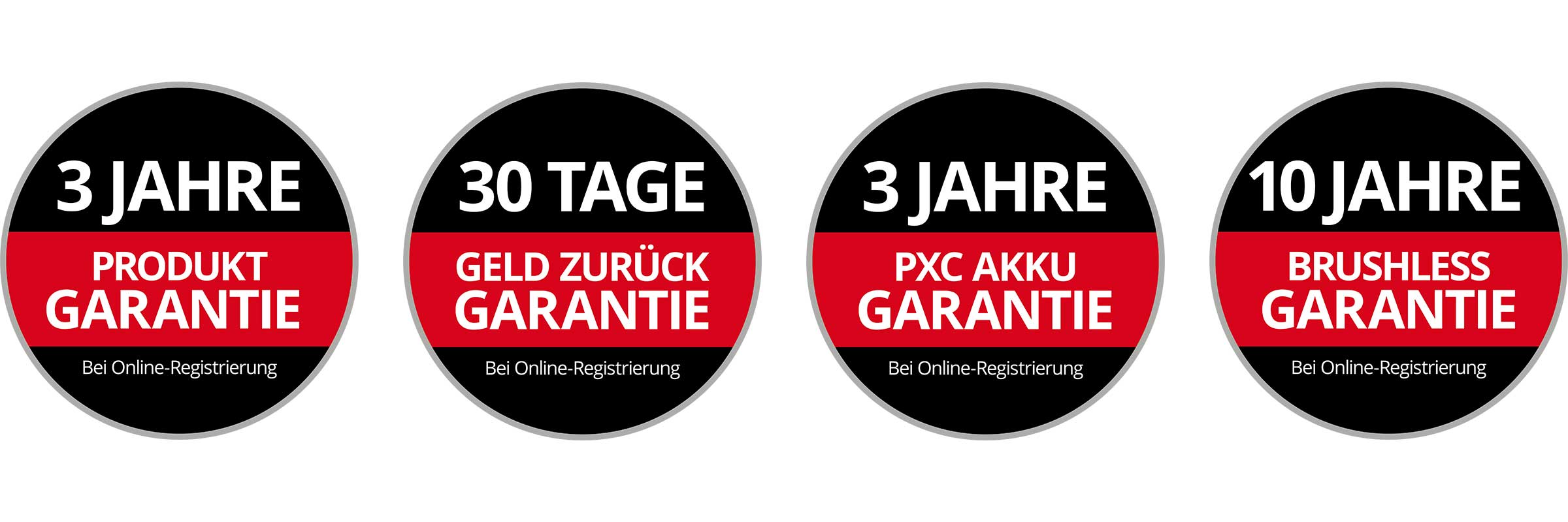 Sceau de garantie: Garantie produit de trois ans, Garantie de remboursement de 30 jours, Garantie de batterie PXC de trois ans, Garantie sans balais de dix ans