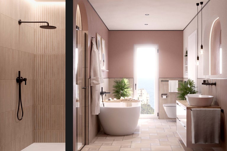 Helles Badezimmer mit Dusche, freistehender Badewanne, Waschtisch und Toilette