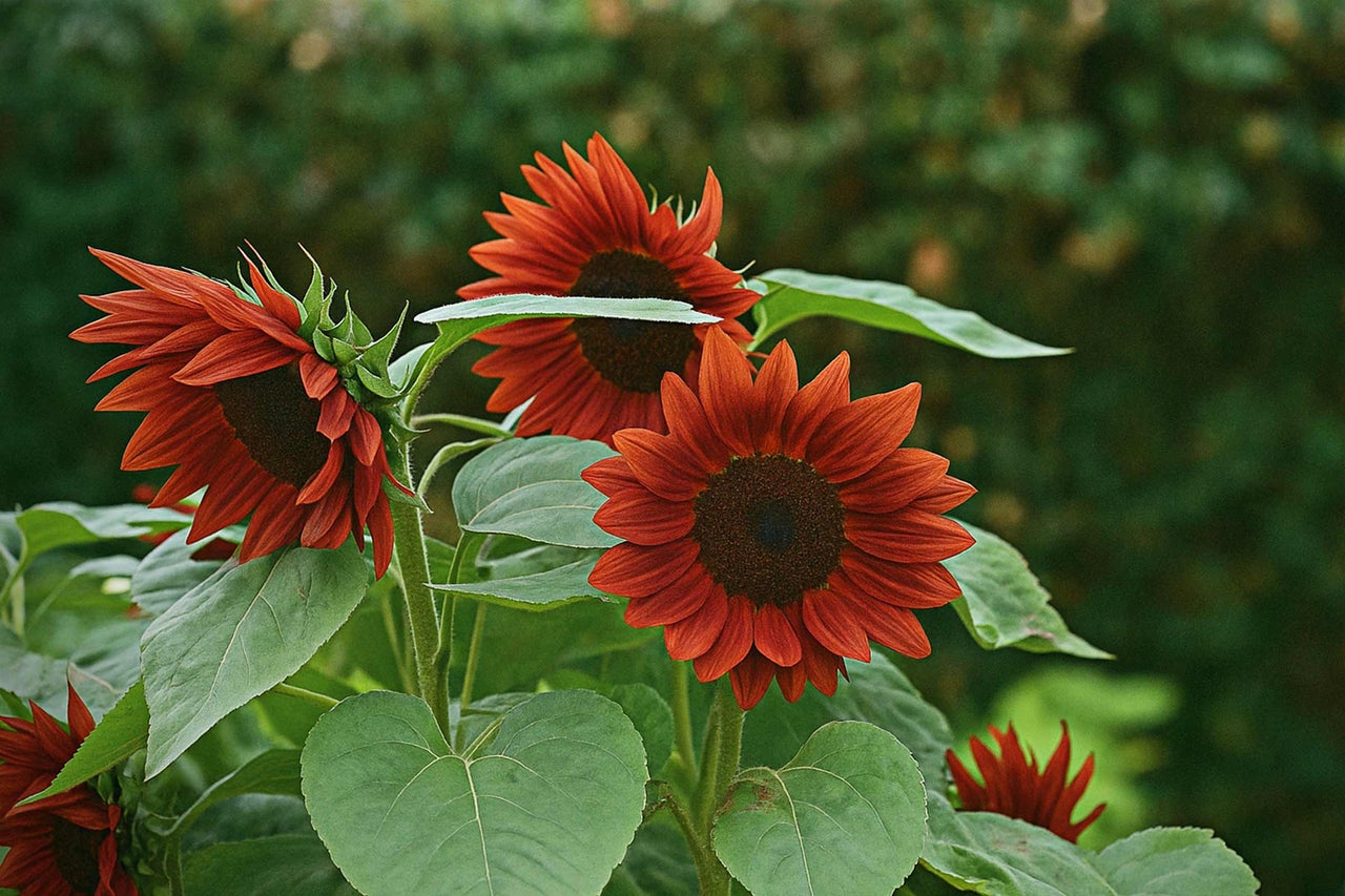 Nahaufnahme von roten Sonnenblumen im Garten