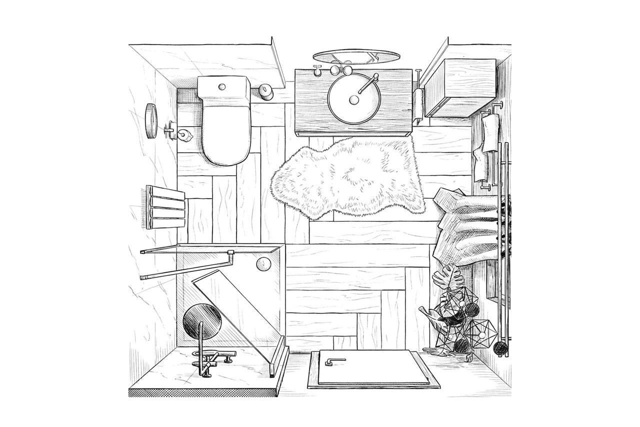 Draufsicht eines Badezimmers mit Toilette, Dusche, Waschbecken und Badmöbeln