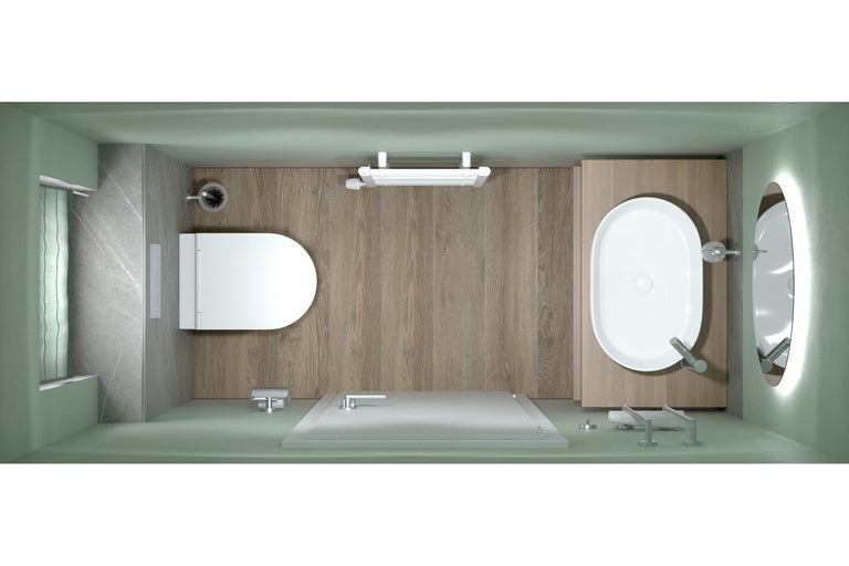 Vue de dessus d'une salle de bains avec toilettes, baignoire, douche et lavabo