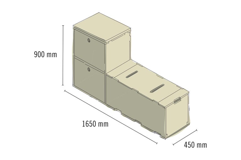 Illustration eines Regalsystems mit den Maßen 900 mm Höhe, 1650 mm Länge und 450 mm Breite