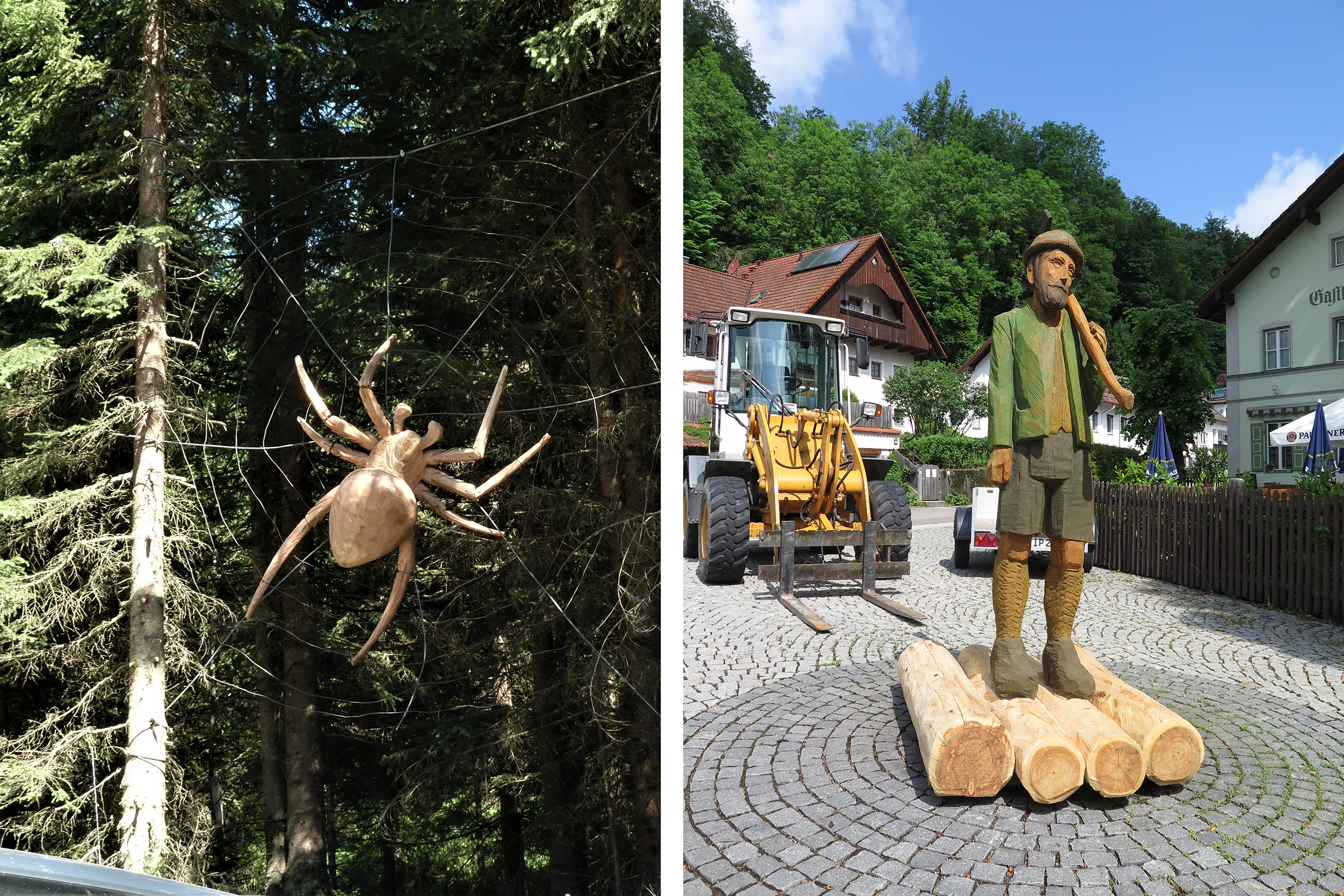 Dekorative Holzspinne in einem Spinnennetz zwischen Bäumen und Holzstatue eines Mannes auf einem Baumstamm