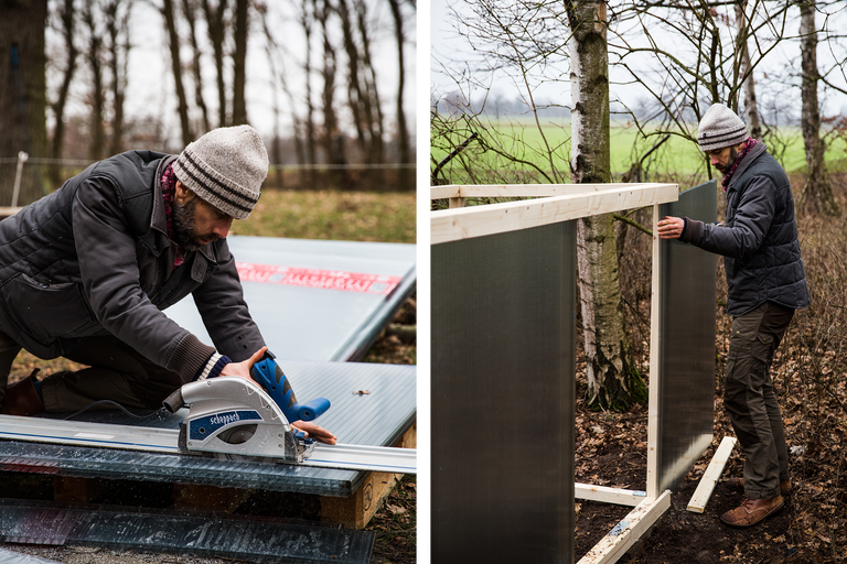 Zwei Bilder zeigen eine Person, die eine Stegplatte mit einer Handkreissäge schneidet und eine Stegplatte an einem Holzrahmen befestigt