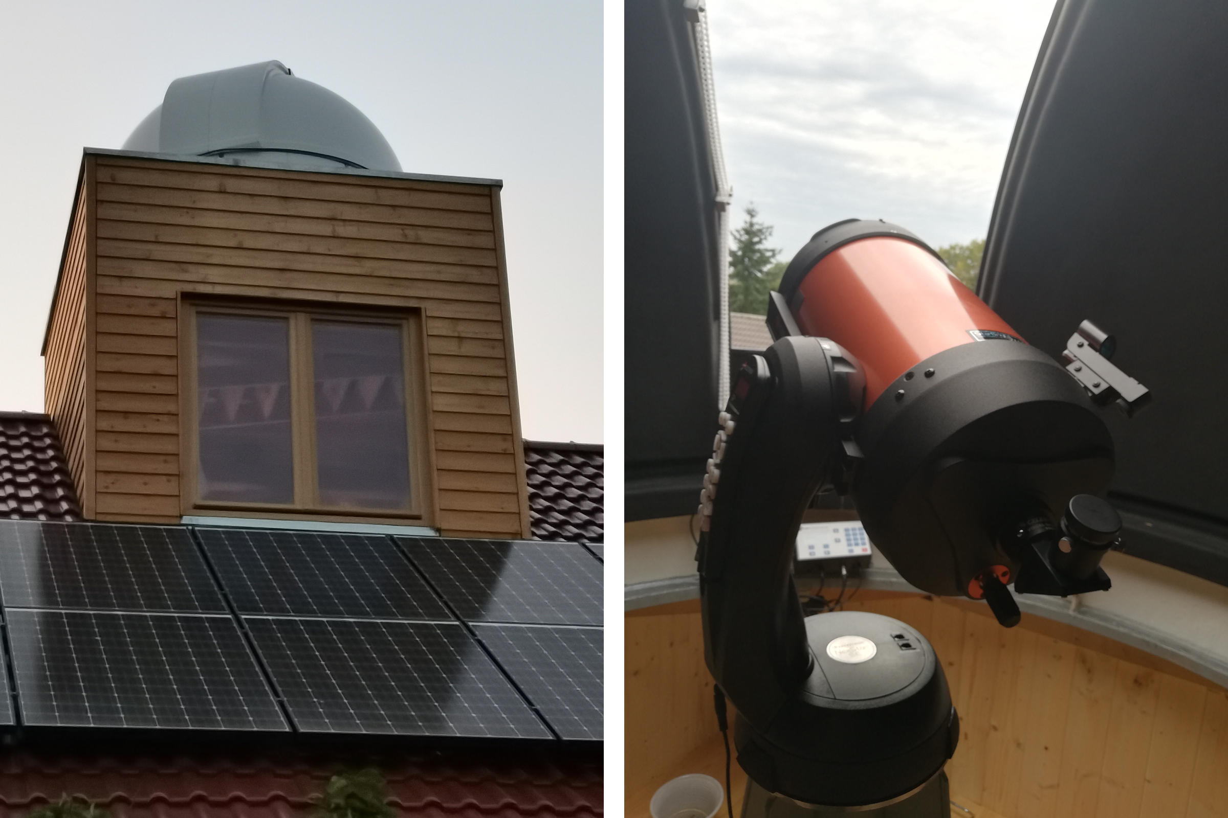 Ein Haus mit Solarmodulen und einem Teleskop zur Sternenbeobachtung.