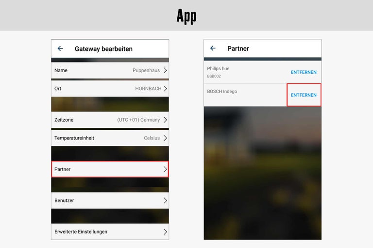 Vue de l'application avec les options permettant de modifier la passerelle et de supprimer des partenaires